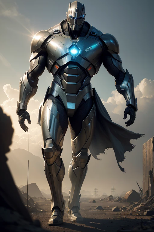 distant view, post apocalyptic era, a titanium man, heroic figure, looking up, imposing form, (best quality,4k,8k,highres,masterpiece:1.2),ultra-detailed,(realistic,photorealistic,photo-realistic:1.37),intricate details,dramatic lighting,cinematic angle,powerful expression,gleaming metallic skin,muscular anatomy,cape flowing in the wind,rays of light shining down,epic sci-fi setting,moody atmosphere,deep shadows,vibrant colors