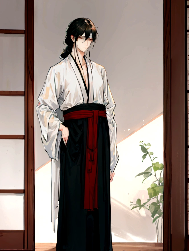 A tall, 178cm, ethereal man with a cool, elegant aura. He has waist-length black hair, often left flowing or casually tied back. His face is delicately handsome with a hint of melancholy. Dressed in minimalist, loose Chinese-style clothing, he appears reserved and graceful. He is deeply dedicated to art, often lost in his own world. Though aloof, he is sensitive and expressive through his paintings, which convey rich emotions despite his quiet demeanor.