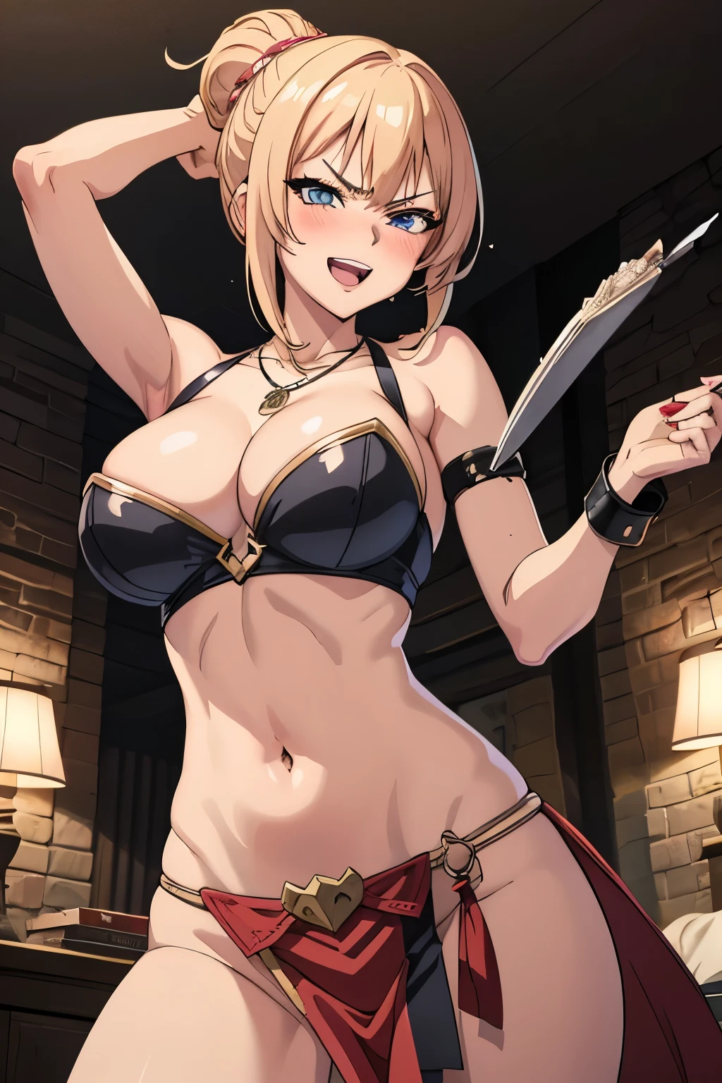kotokadef, necklace, smirk, grin, furrowed brow, blush, lipstick, Hot girl, baddie, staring, glaring, bad attitude, mean girl, dare, angry, hate, crazy, smoking, sensual, attractive,, masterpiece, best quality, highly detailed, fantasy , a anime girls in armored dress holding a sword
posing for a picture, evil smile, smile, open mouth, breastplate with open cleavage, cleavage, warrior
outfit, ecchi anime style, anime girls, ecchi style, (nsfw) not safe for work, ecchi, digital anime art!!, in
anime style, official artwork, visual novel cg, beautiful anime girl, anime style 4 k , loincloth, exposed
belly, exposed navel, exposed midriff, exposed lower belly, pencil skirt armored, castle,inside castle