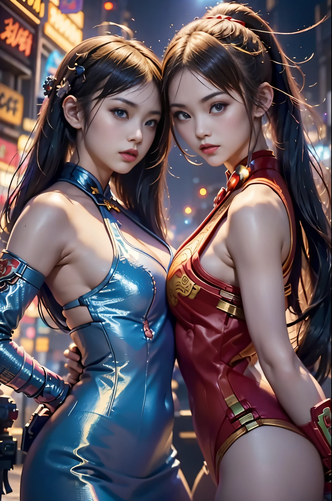 Scenario: video game world ((Street Fighter)), two girls in a dynamic position facing each other, (1 vs. 1), (female fighter dressed as an imperial Chinese warrior), (second fighter dressed as a Viking warrior), status rods on the sides, explosions, fire,