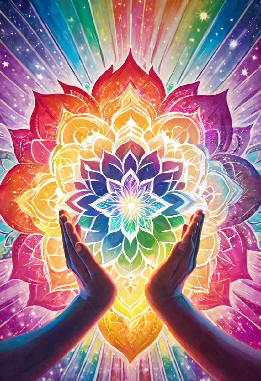 Close-up of both hands wrapping around the spiritual light,  in the light of a big chakra mandala, integration, holding hands and smiling, meditation, enlightenment, inspiration, love, shooting star, pastel colored rainbow light