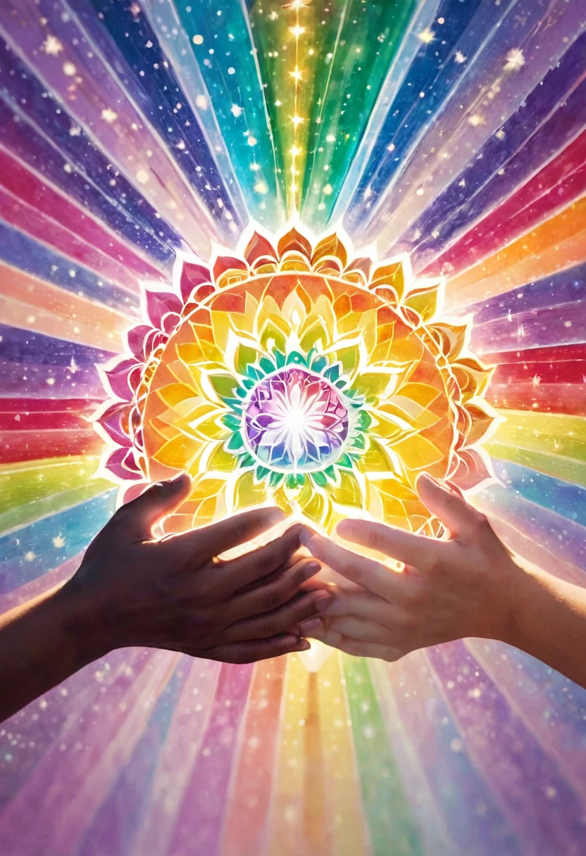 Close-up of both hands wrapping around the spiritual light,  in the light of a big chakra mandala, integration, holding hands and smiling, meditation, enlightenment, inspiration, love, shooting star, pastel colored rainbow light