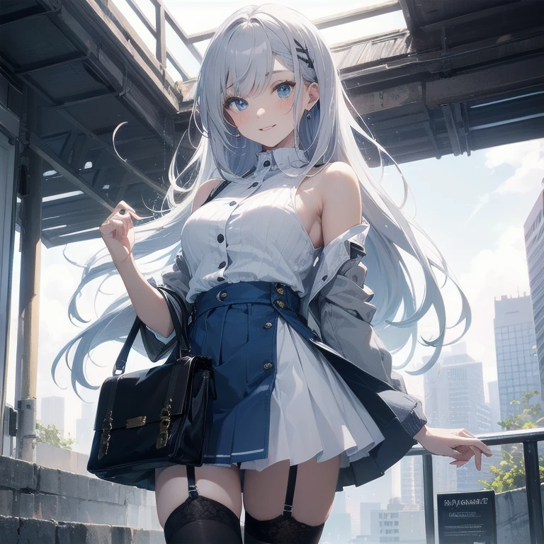 (Masterpiece, Best quality, ultra high resolution), 1 girl, Silver hair, Pale skin, Beautiful detailed face, Detailed eyes, posing on a white background, Dynamic lighting, dynamic shadowing, looking at viewer, White street punk fashion with blue details, (Posing for a photo), ((White clothes)), (((black thigh highs))), jean shorts, skirt, white sweater, ((Blue eyes)), happy, smiling, black straps, black strap design, ((Long white hair)), energetic, cheerful, cityscape background, (garter), blue tertiary color, blue highlights, purse, hand bag