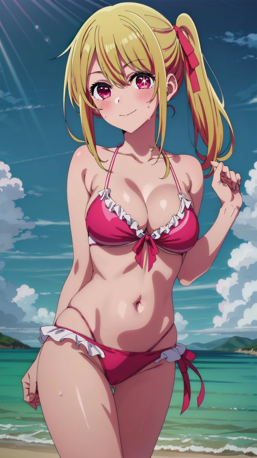 best quality, masterpiece, highres, solo, {ruby_oshinoko:1.15}, blonde_hair, bangs, long_hair, blush, closed_mouth,  1girl,pink_eyes,  hair_between_eyes, hair_ribbon, pink_ribbon, ribbon, red_eyes,Smiling, looking at the viewer, Bikini,blue theme, blue background, cloudy sky, sunlight, sweat, orgasmic, bikini swimsuit, large breasts, cleavage, belly button exposed, collarbone, thighs, sea and beach,