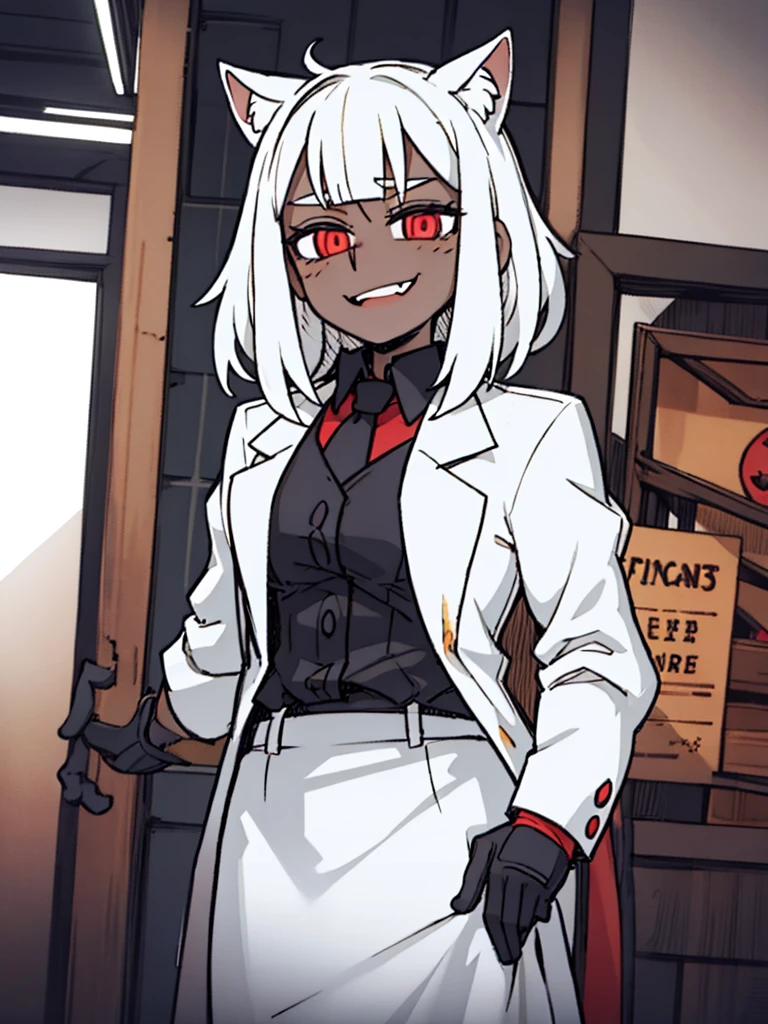 Score_9, score_8_up, score_7_up, score_6_up, gyaru, source_アニメ, 1girl, 独奏, white background, abstract rectangular background, honoka, gazing at viewer, very dark skin, cat Woman, white suit, malicious smile, Evil eyes, manikin doll, dark villain, laugh.