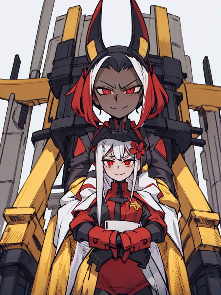 Score_9, score_8_up, score_7_up, score_6_up, gyaru, source_アニメ, 1girl, 独奏, white background, abstract rectangular background, honoka, gazing at viewer, very dark skin, cat Woman, white suit, malicious smile, Evil eyes, manikin doll, dark villain, laugh.