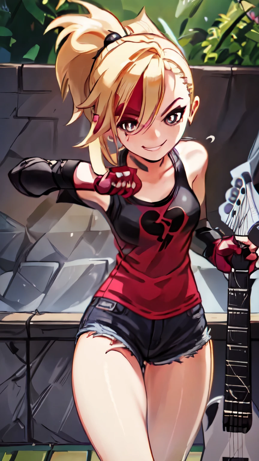 (best quality:1.2),solo,1girl,mdrin,smile,looking at viewer, PLAYING GUITAR ,lovely pose, ponytail,v-shaped eyebrows,red shirt, fingerless gloves,black shorts , garden background, warm color tones,soft lighting, Hair over one eye, ultra long hair, standing on hooftop, long boots, long ponytail, blonde 