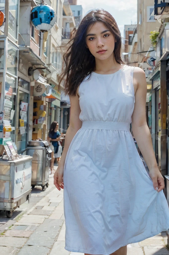 A beautiful girl with Mexican ethnicities, Argentine and British, with freckles, unique and very beautiful blue eyes, and a mole next to his left eye, dress elegantly while walking in a city during the day. The background of the image shows a large city around it. The scene must be realistic, detailed, with natural light and in a general plane.