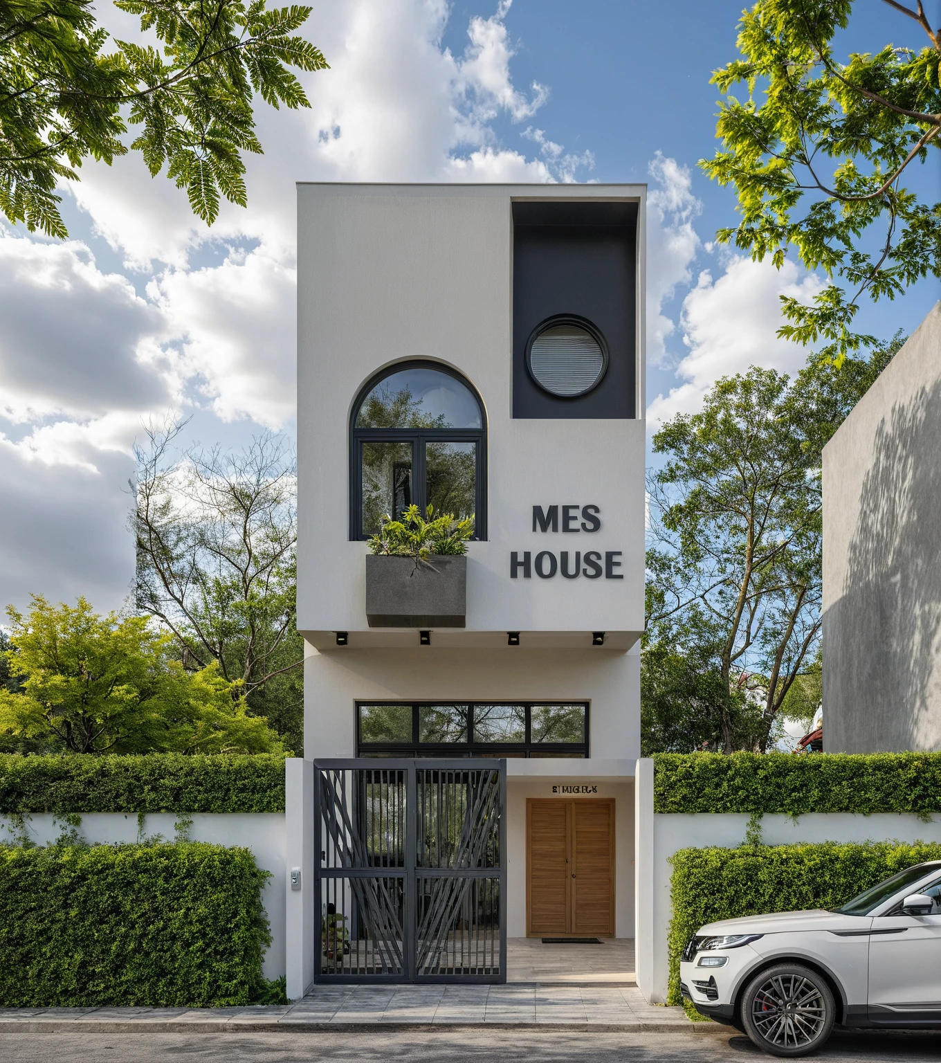 Masterpiece, high quality, best quality, authentic, super detail, outdoors, onestoreyvillaXL, aiaigroup, house style modern on the street ,stairs, white wall ,road,pavement, grass, trees, sky, cloud, (daylight:1.1)
