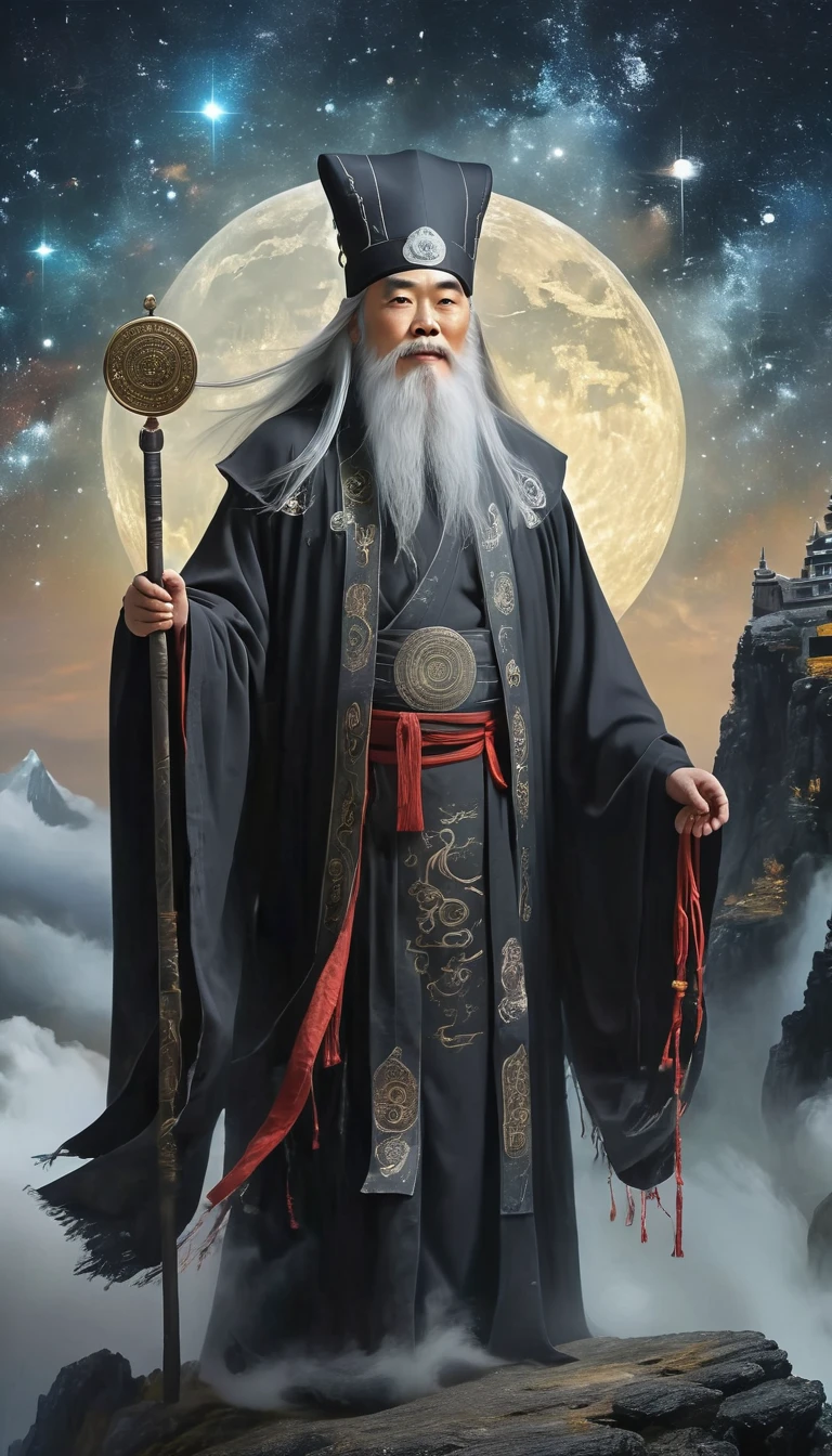 a wise old Chinese Taoist sorcerer in flowing black robe, long white beard and eyebrows, wearing a traditional scholar's hat, standing on a mountain peak gazing at the starry night sky, surrounded by glowing mystical runes and symbols, ethereal atmosphere, highly detailed, cinematic lighting, digital art, concept art, fantasy，compass，Seven Star Array，Astral