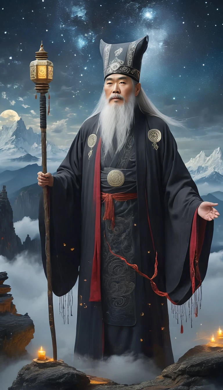 a wise old Chinese Taoist sorcerer in flowing black robe, long white beard and eyebrows, wearing a traditional scholar's hat, standing on a mountain peak gazing at the starry night sky, surrounded by glowing mystical runes and symbols, ethereal atmosphere, highly detailed, cinematic lighting, digital art, concept art, fantasy，compass，Seven Star Array，Astral