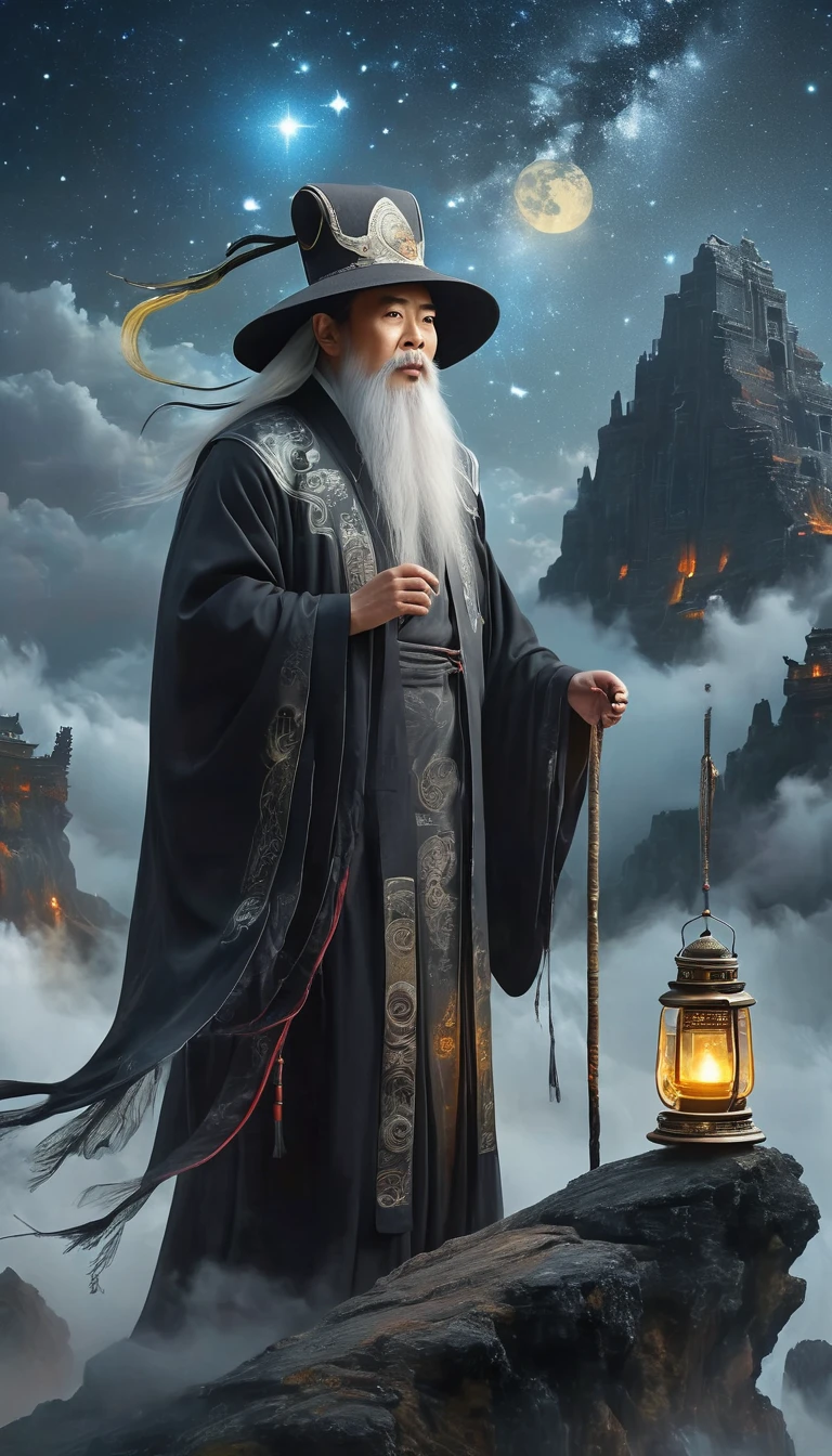 a wise old Chinese Taoist sorcerer in flowing black robe, long white beard and eyebrows, wearing a traditional scholar's hat, standing on a mountain peak gazing at the starry night sky, surrounded by glowing mystical runes and symbols, ethereal atmosphere, highly detailed, cinematic lighting, digital art, concept art, fantasy，compass，Seven Star Array，Astral