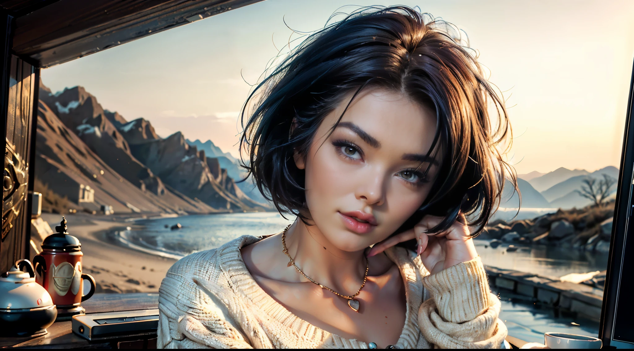 (Best quality, 8k, 32k, Masterpiece, UHD:1.2),Photo of Pretty woman, very short bob hair,upper body,face focus,oversized_sweater, necklace, simple background, from above, looking at viewer,charley.atwell, desktop wallpaper