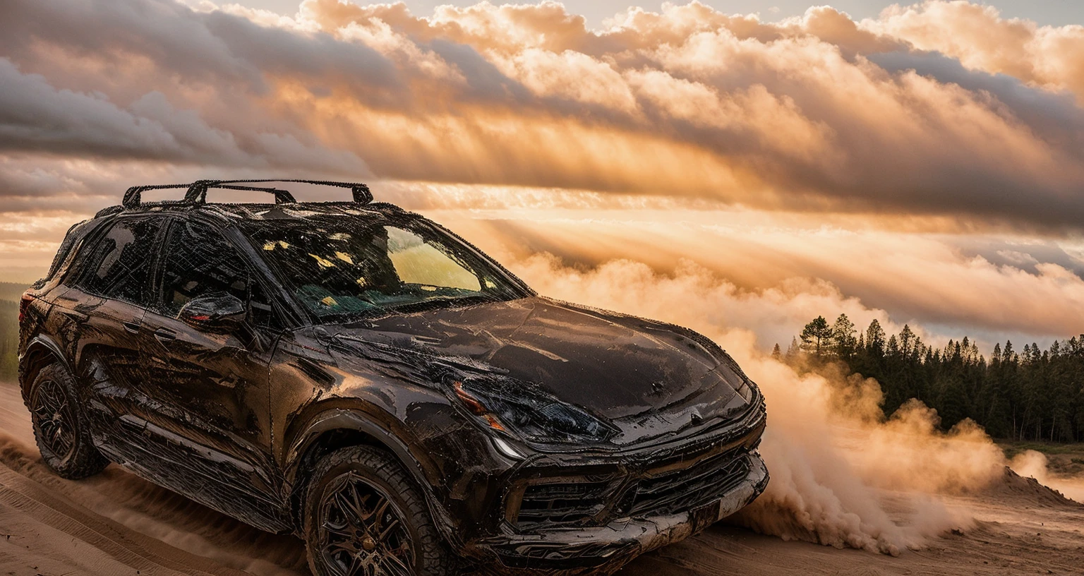 Photos of off-road vehicles, forest, Sunset, cloud,Real light,HD,Realistic details,Car side