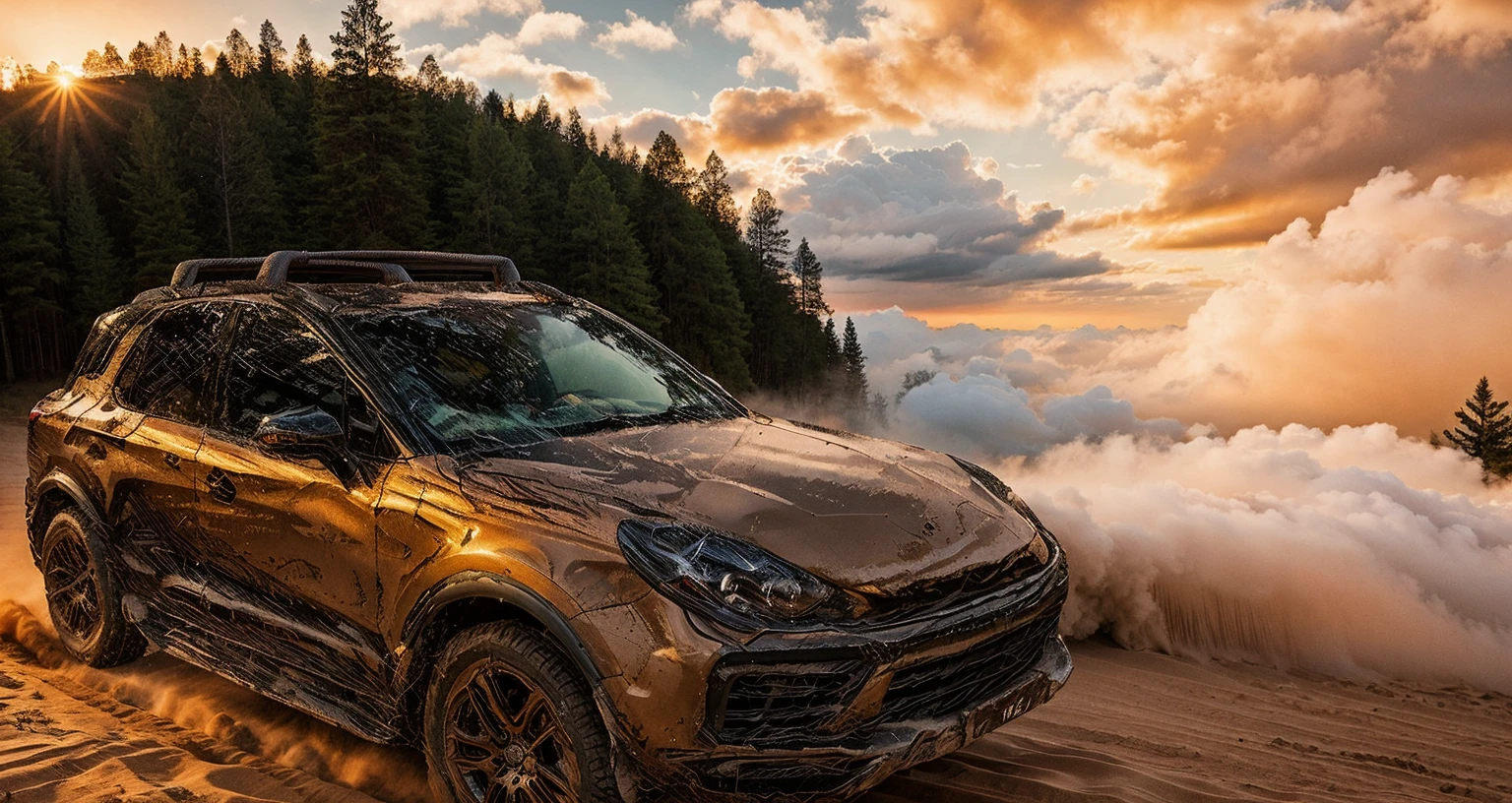 Photos of off-road vehicles, forest, Sunset, cloud,Real light,HD,Realistic details,Car side