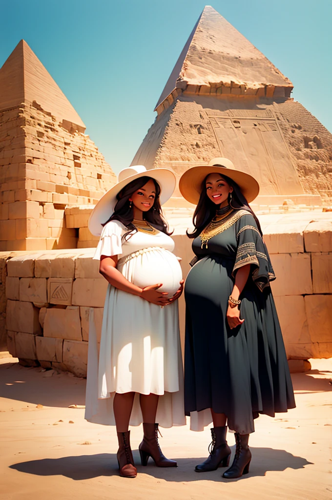 two pregnant women standing in front of the great pyramid of egypt, in long dresses, hats, boots,