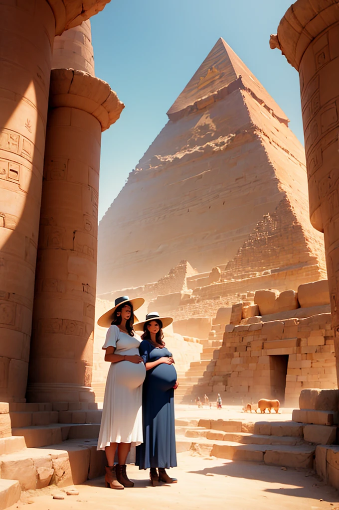 two pregnant women standing in front of the great pyramid of egypt, in long dresses, hats, boots,