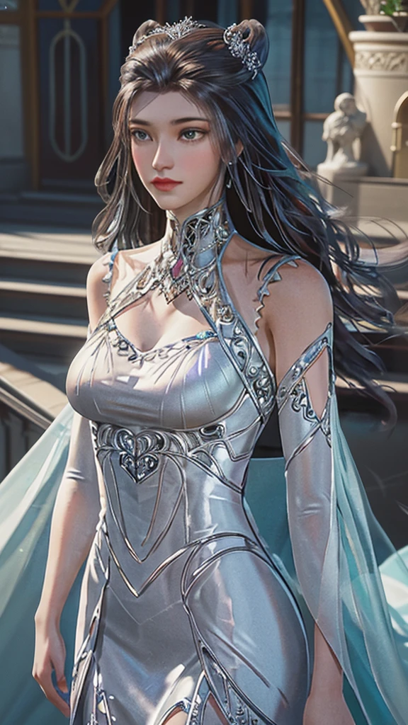 tmasterpiece,Best picture quality,HD 8K wallpaper,Beautiful picture,Elegant single woman,Round dress,Shiny eyes,Detail at its best,An exquisite masterpiece,Pure beauty and lightnesoderately aesthetic,Gentle and elegant,Attention to detail,Cyan white lace round princess dress,Immortal