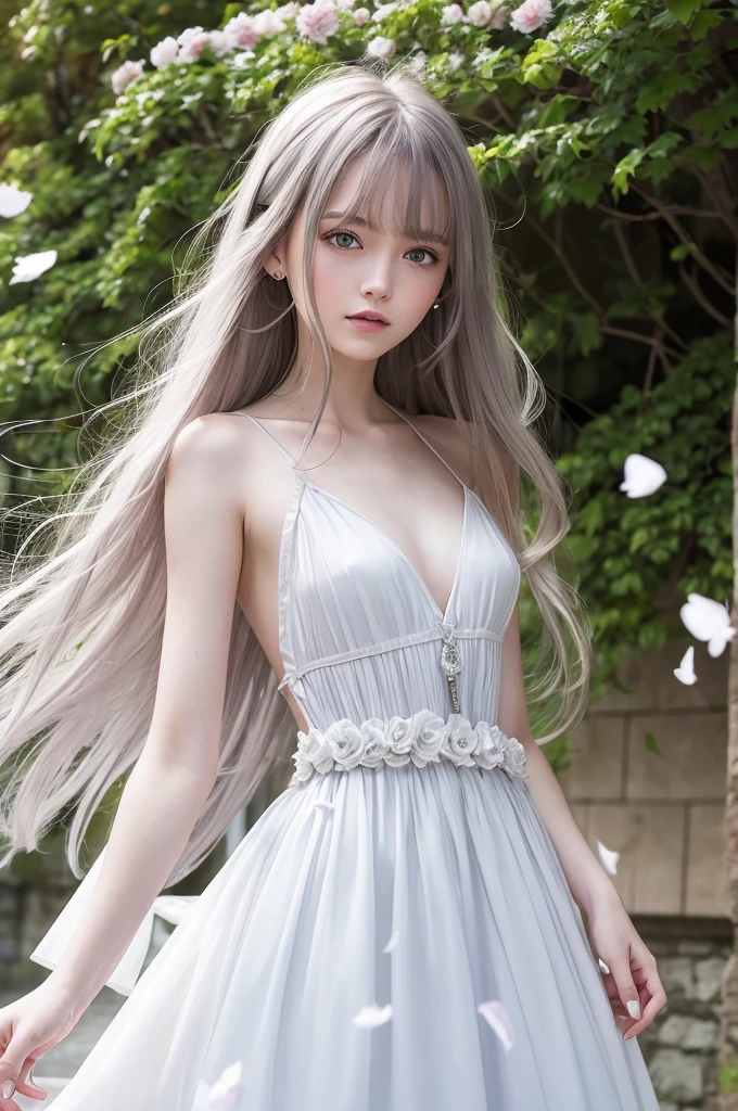 Masterpiece, Superb Piece, Daytime, Outdoor, Falling Flowers, White Dress, 1 Girl, Perfect Woman, Silver and White Long Haired Woman, Gray Blue Eyes, Pale Pink Lips, Cold, Serious, Bang, Purple Eyes, White Clothes, Black Clothing Lines, Delicate Face, Exquisite Face, Standing Bow, Tassels, Happiness Knot, Smile