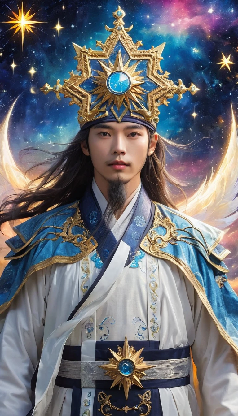 compass，Seven Star Array，Astral，a wise old Chinese Taoist sorcerer in flowing black robe, long white beard and eyebrows, wearing a traditional scholar's hat, standing on a mountain peak gazing at the starry night sky, surrounded by glowing mystical runes and symbols, ethereal atmosphere, highly detailed, cinematic lighting, digital art, concept art, fantasy,Stills, Widescreen, best quality, masterpiece, very aesthetic, Perfect composition, Intricate details, Extremely detailed, Bright colors