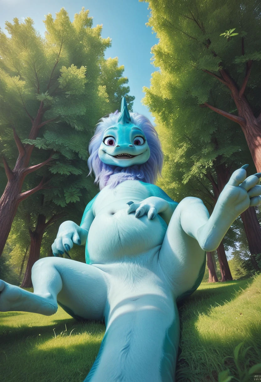 score_9, score_8_up, score_7_up, score_6_up, score_5_up, score_4_up, source_furry, rating_safe, female feral eastern dragon sisu rald with detailed blue fur, lying on back, grass, POV, (low-angle view:1.3), (worm's-eye view:1.3), (looking down), cute, detailed purple eyes, lidded eyes, photorealism, outside, detailed, intricate, real life, photograph, realism, realistic, (pointed teeth:0.46), (clouds:0.6), sunny, blue sky, trees, gurgling belly,