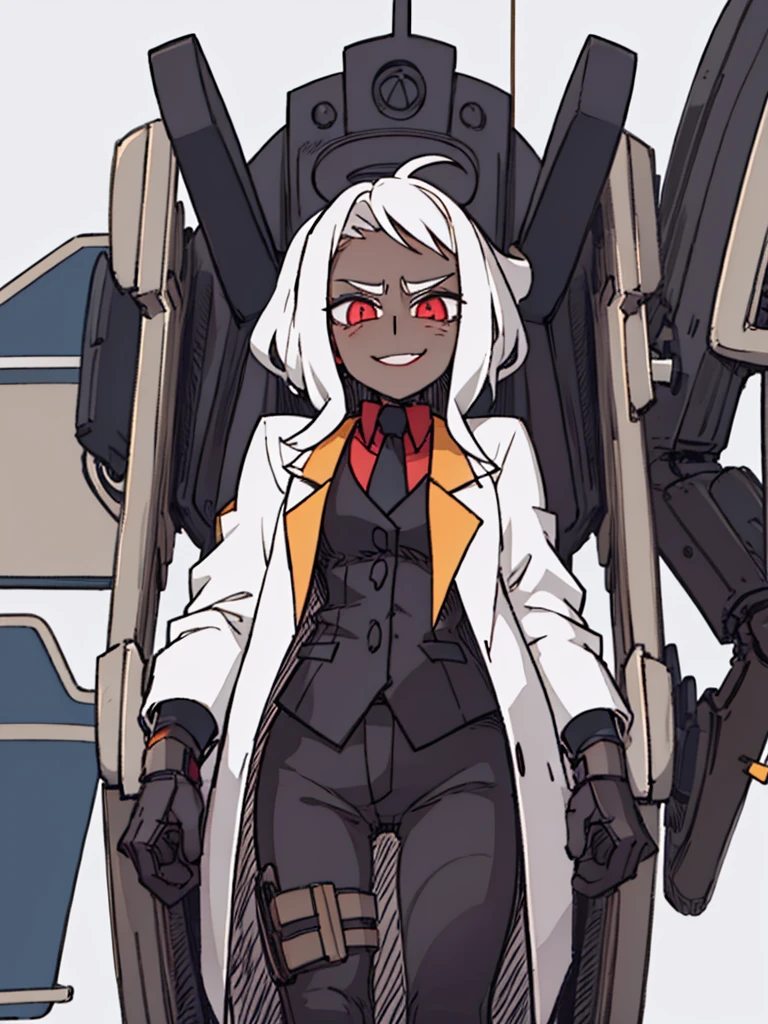 Score_9, score_8_up, score_7_up, score_6_up, gyaru, source_アニメ, 1girl, 独奏, white background, abstract rectangular background, honoka, gazing at viewer, very dark skin, cat Woman, white suit, malicious smile, Evil eyes, manikin doll, dark villain, laugh.