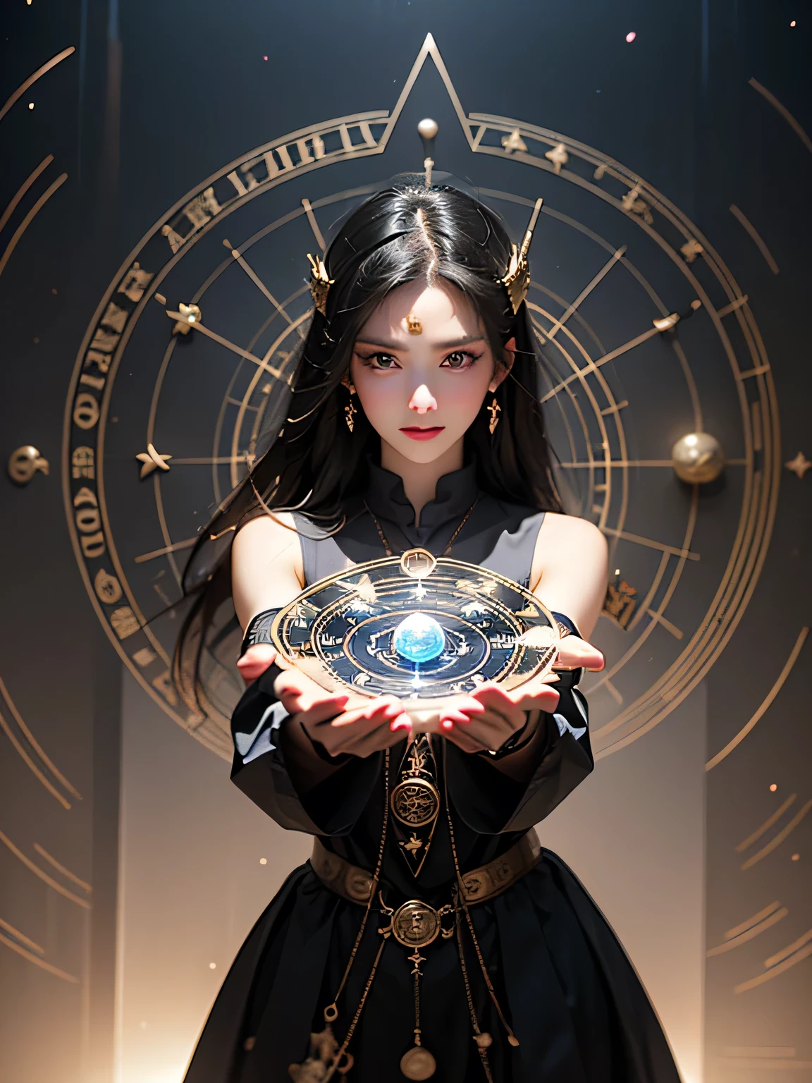 ultra-detailed, detailed face, meishaonv, magic circle, V0id3nergy, 
Raw photo、(Realistic)、masterpiece、(Highest quality)、(High resolution:1.2)、8K、(Perfect Anatomy:1.3)、View your viewers、Angle from below、One girl、((Beautiful girl astrologer))、(constellation:1.3)、(Super hourglass body type:1.3)、(Super big breasts:1.34)、(Holds a magic circle light ball:1.3)、Five fingers, perfect in every detail、A confident smile、(purple black hair)、(A magic circle glowing pale blue in the background)、(Astrology magic circle)、(Sexy and acrobatic fortune-telling pose:1.2)、Cinema lighting、Concept Art、Food、(Increased costume transparency:1.5)、Crystal Jade、(Tarot cards lined up in the air)、Celestial globe、(((mysterious)))、((Predicting the audience))、Fascinating Horoscope、[[Back view、look back]]