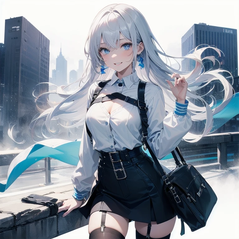 (Masterpiece, Best quality, ultra high resolution), 1 girl, Silver hair, Pale skin, Beautiful detailed face, Detailed eyes, posing on a white background, Dynamic lighting, dynamic shadowing, looking at viewer, White street punk fashion with blue details, (Posing for a photo), ((White clothes)), (((black thigh highs))), jean shorts, skirt, white sweater, ((Blue eyes)), happy, smiling, black straps, black strap design, ((Long white hair)), energetic, cheerful, cityscape background, (garter), blue tertiary color, blue highlights, purse, hand bag, ((chest harness fashion))