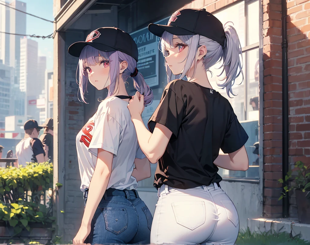 (Close-up:1.3),Realistic,Highest quality, Super detailed, High-quality CG rendering, The most delicate and beautiful, Floating softly, High resolution, (1 girl), (Highest quality,4K,8K,masterpiece:1.2), Light purple hair,(Very long ponytail:1.5),Red eyes,(Pure white oversized short sleeve T-shirt:1.3),(Black skinny jeans:1.3),(Pure white baseball cap:1.3),In the city,old buildings,(Turn your back to your audience:1.3),Butt