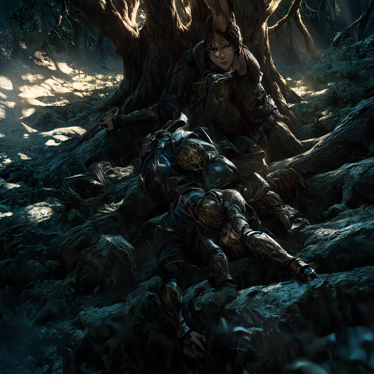 A warrior falls in dramatic pose under a sacred tree, dead after a fierce fight, dramatic shadows and dark night atmosphere, legendary hero, manga panels, dramatic position, dark, high detailed, cinematic, photorealistic, hyper detailed, dramatic lighting, chiaroscuro, dramatic shadows, moody atmosphere, dark fantasy