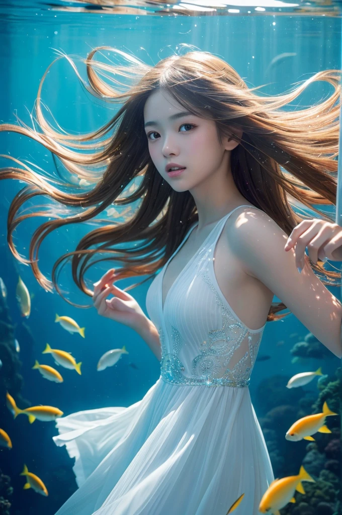 A beautiful Japanese girl is depicted in a vertical, ultra-realistic illustration, playing an electric guitar underwater. She wears a thin, translucent dress that flows gracefully in the water, emphasizing her delicate and ethereal presence. Her hair, styled in twin tails, floats freely around her, adding a dynamic sense of movement.

The background features an underwater scene with shimmering light filtering through the surface, illuminating schools of fish swimming around her. The artist employs digital painting techniques to create high detail, especially in the textures of the dress, guitar, and underwater environment. The lighting and reflections are meticulously rendered, capturing the surreal and magical ambiance of the scene. The use of vibrant blues and subtle highlights enhances the overall sense of depth and realism.
