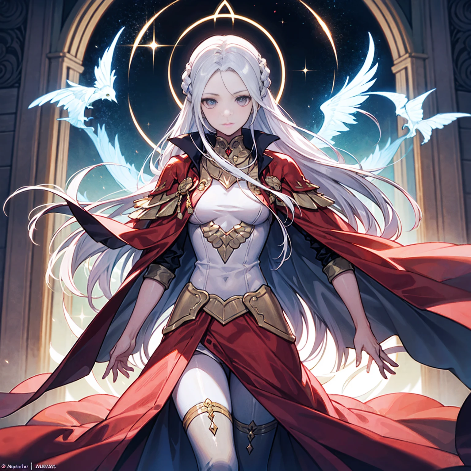 Generate a high-resolution movie poster in the style of Alphonse Mucha, featuring Edelgard von Hresvelg from Fire Emblem with a detailed face, flowing white hair, braided side locks, a gold eye, and the Emperor's costume, with a focus on the upper body (flat-chest). Include beautiful, detailed eyes, a detailed hand, sports film lighting, pale skin, and a dynamic pose looking directly at the viewer. Use a magazine cover style with textured skin, super detail, tarot borders, dynamic streaks, a dim color scheme, and solo full-body portrayal. For the alternate prompt, depict a detailed face with a soft smile of a Sumerian demigod in white robes and laurel, set against a backdrop of a thriving Mesopotamian civilization with ancient palaces, stars, and floating particles, referencing the ziggurat of Uruk.