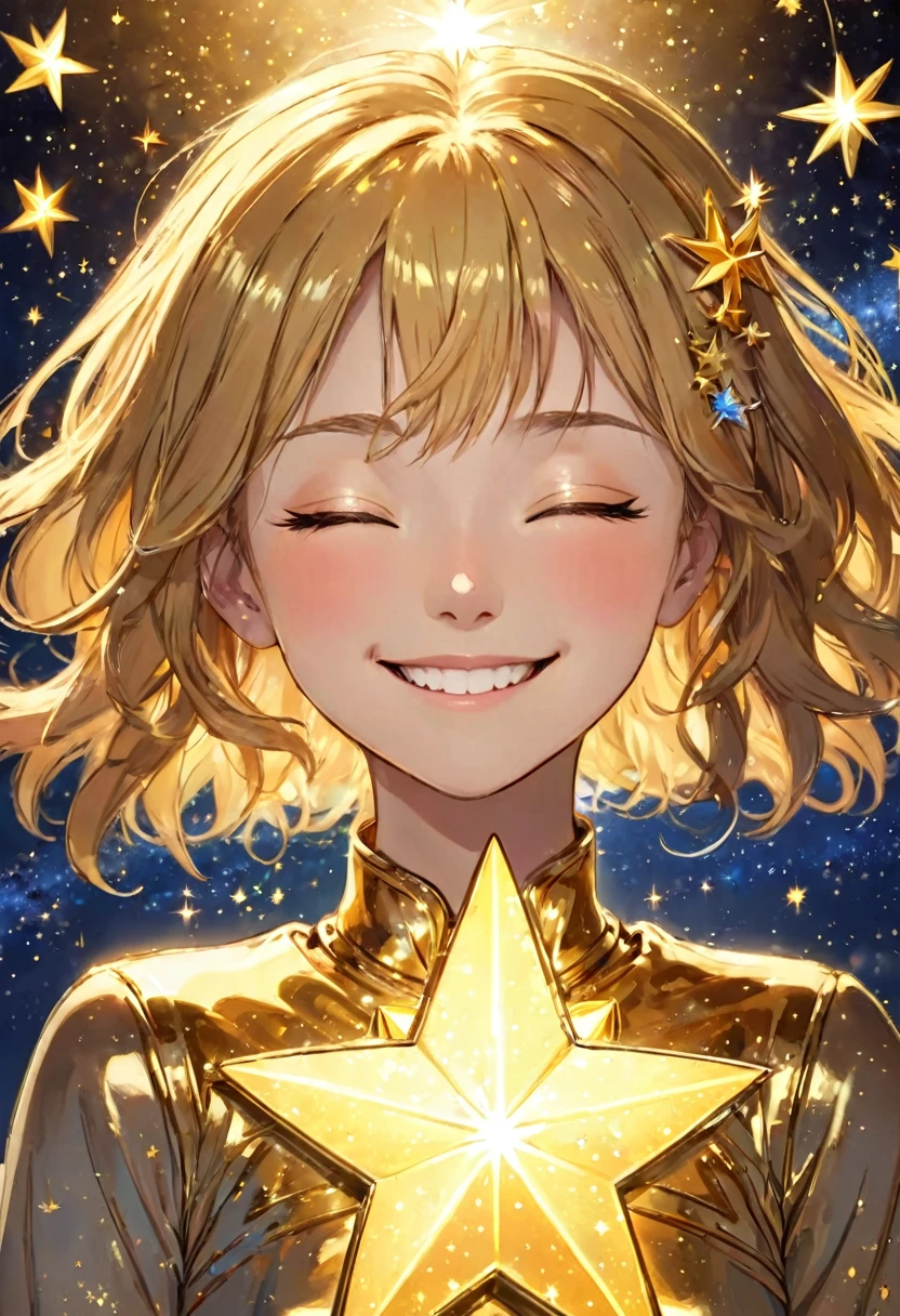 A golden star is shining in the center of the forehead, close-up of the forehead, smiling, eyes closed, happy, calm, earth in the background, shooting stars, surrounded by gold light