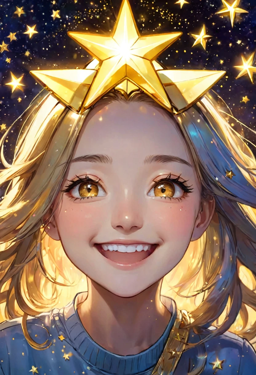 A golden star is shining in the center of the forehead, close-up of the forehead, smiling, eyes closed, happy, calm, earth in the background, shooting stars, surrounded by gold light