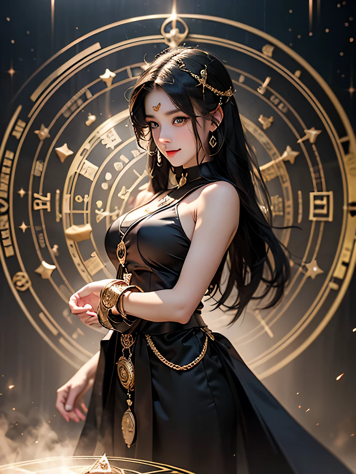ultra-detailed, detailed face, meishaonv, magic circle, V0id3nergy, 
Raw photo、(Realistic)、masterpiece、(Highest quality)、(High resolution:1.2)、8K、(Perfect Anatomy:1.3)、View your viewers、Angle from below、One girl、((Beautiful girl astrologer))、(constellation:1.3)、(Super hourglass body type:1.3)、(Super big breasts:1.34)、(Holds a magic circle light ball:1.3)、Five fingers, perfect in every detail、A confident smile、(purple black hair)、(A magic circle glowing pale blue in the background)、(Astrology magic circle)、(Sexy and acrobatic fortune-telling pose:1.2)、Cinema lighting、Concept Art、Food、(Increased costume transparency:1.5)、Crystal Jade、(Tarot cards lined up in the air)、Celestial globe、(((mysterious)))、((Predicting the audience))、Fascinating Horoscope、[[Back view、look back]]