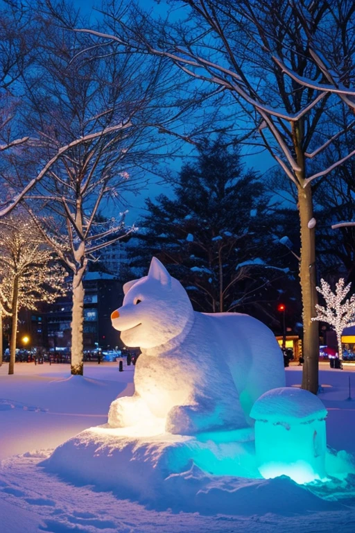  the park in winter during the Sapporo Snow Festival, featuring snow sculptures and festive lights