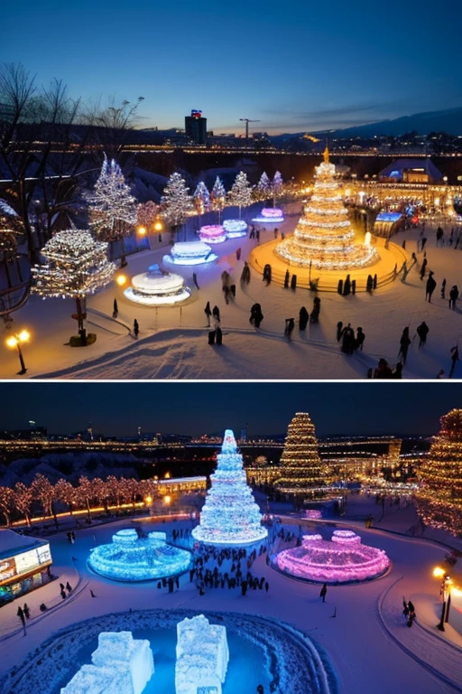 the park in winter during the Sapporo Snow Festival, featuring snow sculptures and festive lights