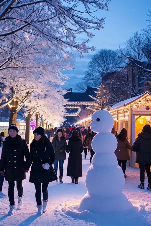 the park in winter during the Sapporo Snow Festival, featuring snow sculptures and festive lights