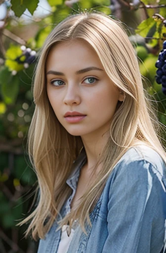 Russian girl, 18 age old, (Blond hair, middle hair , wince, Gray eyes, beautiful lip, serious)Standing by the grape tree, in garden