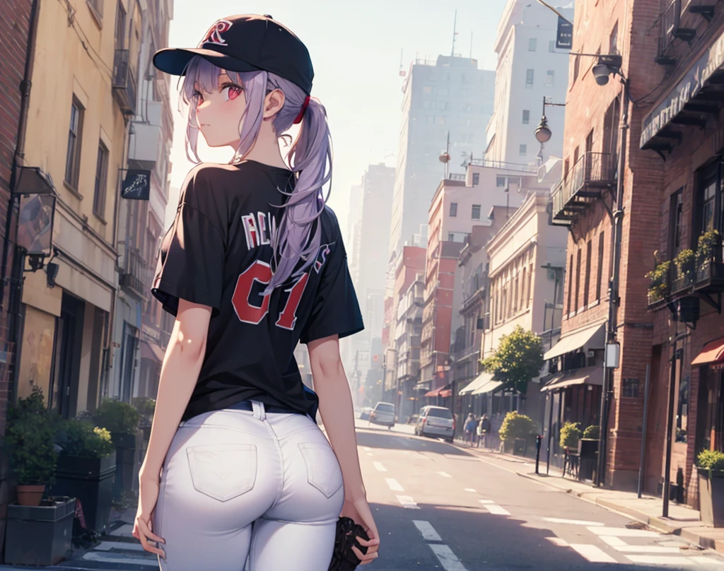 (Close-up:1.3),Realistic,Highest quality, Super detailed, High-quality CG rendering, The most delicate and beautiful, Floating softly, High resolution, (1 girl), (Highest quality,4K,8K,masterpiece:1.2), Light purple hair,(Very long ponytail:1.5),Red eyes,(Pure white oversized short sleeve T-shirt:1.3),(Black skinny jeans:1.3),(Pure white baseball cap:1.3),In the city,old buildings,(Turn your back to your audience:1.3),Butt