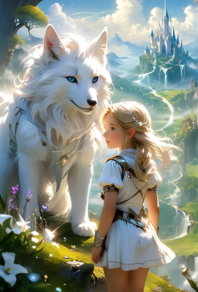Certainly! Here’s the description of the image you shared:
The image depicts a young girl gazing at a fantasy world while accompanied by a white kit. The girl appears excited, and the surrounding landscape exudes a magical and mysterious quality. The white kit seems to be her trusted companion on this adventure.
Feel free to enjoy the scene! If you have any further questions, feel free to ask.