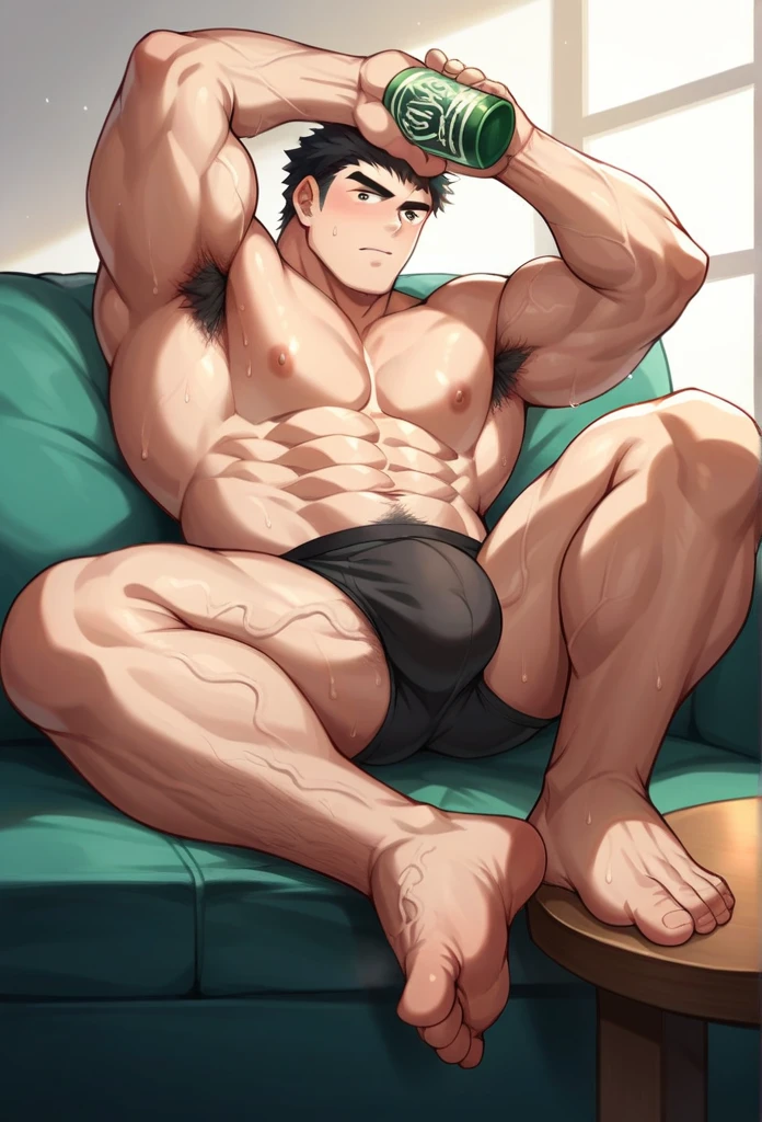 Muscular man is relaxing on his couch drinking a beer. He is alone in black underwear, of which his penis stands out, visible in his underwear. He is sweaty and very muscular. He has hair on his chest and forearms. Large, veiny arms. Veins on his hands. Very stinky armpits. and hairy his big, stinky feet on the table in front of him legs with sweaty hair and black hair 