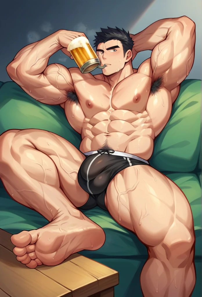 Muscular man is relaxing on his couch drinking a beer. He is alone in black underwear, of which his penis stands out, visible in his underwear. He is sweaty and very muscular. He has hair on his chest and forearms. Large, veiny arms. Veins on his hands. Very stinky armpits. and hairy his big, stinky feet on the table in front of him legs with sweaty hair and black hair