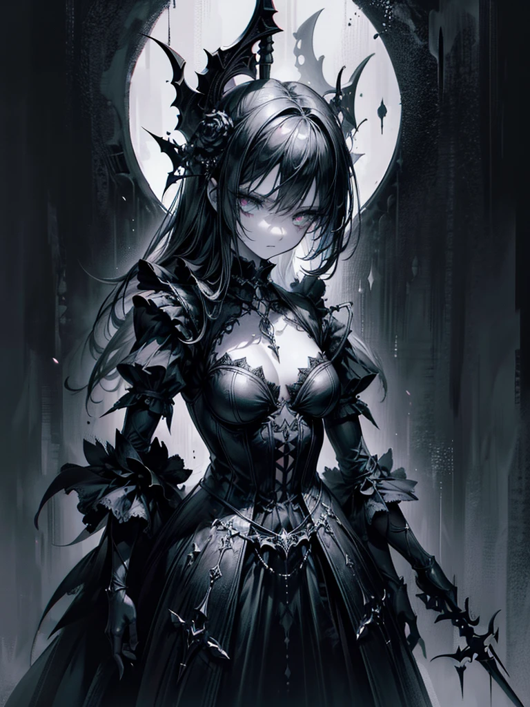(a girl with) Aura-like gothic lighting, realistic Gothic-style artwork, detailed skeleton impaling itself with a sword in the neck, dark atmospheric background, high-res masterpiece:1.2, ultra-fine painting, professional, vivid colors