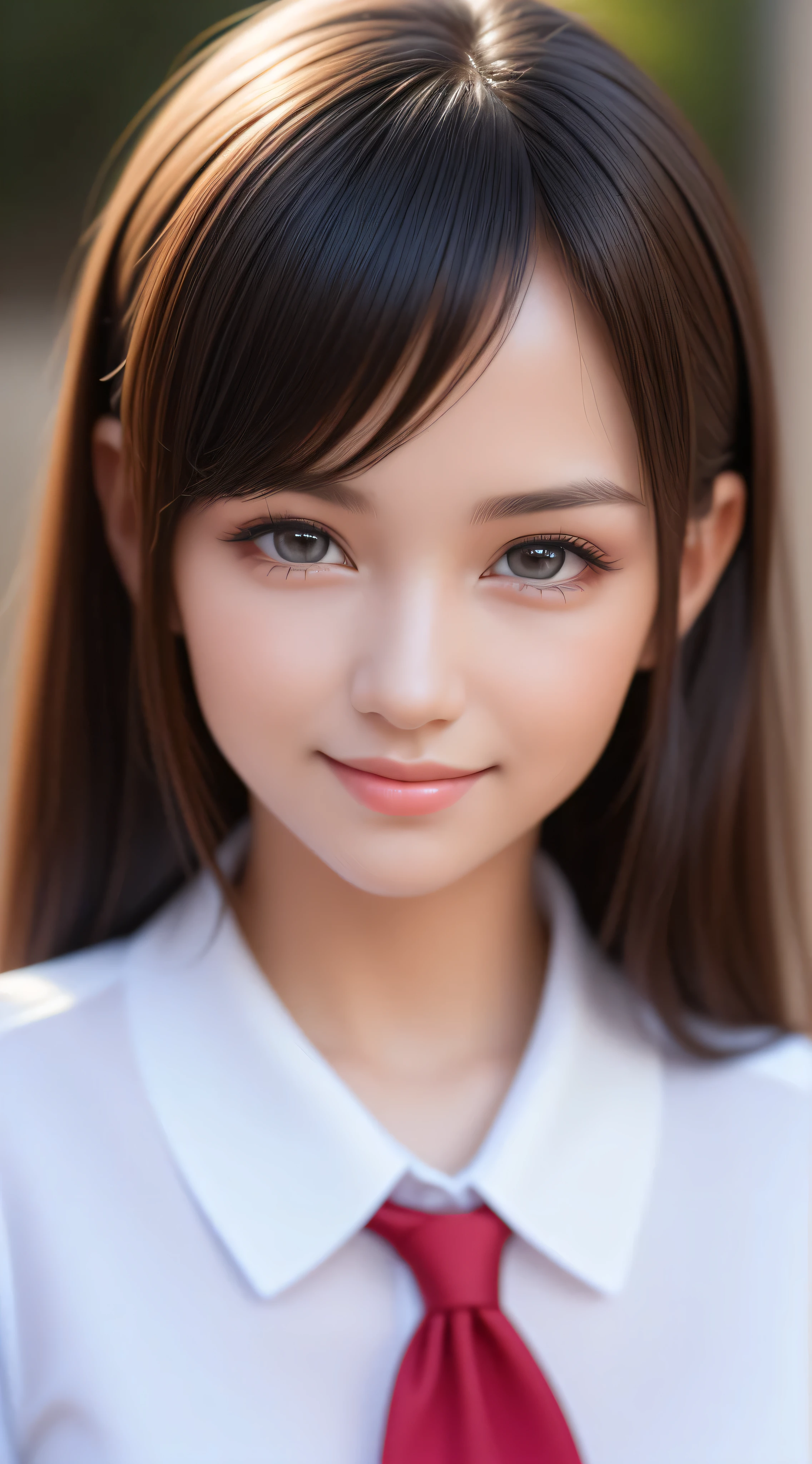 teen, 1girl in, Extremely cute, Amazing face and eyes, (Beautiful lovely smile), (extremely detailed beautiful face), bright and shiny lips, Super beautiful, (School blouse:1.3), (Best Quality:1.4), (hyper quality), (Ultra-detailed), (Hyper-realistic, Photorealsitic:1.37), Authentic skin texture, Highly detailed CG integrated 8k wallpapers, RAW Photos, professional photograpy, Cinematic lighting,
