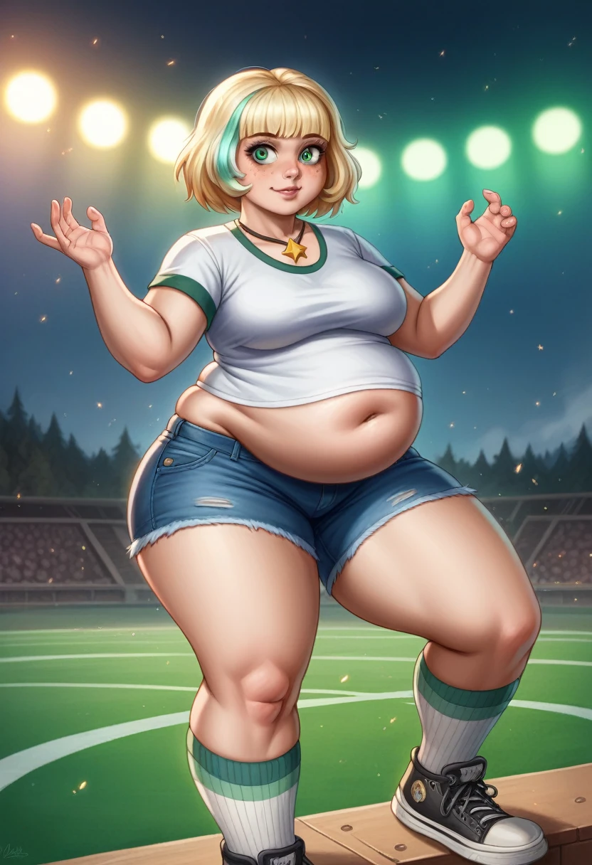 (jackie lynn thomas:1), star vs. the forces of evil,  (casual outfit:1), (blonde short hair), (blue-green highlight in hair), shell necklace, (baseball t-shirt white tanktop green sleeves:1), (white striped knee socks:1), (blue jean shorts), (bobed hair), (blue-green eyes), ((green eyes)), cartoony facial features, large round eyes, blonde hair, (shorts:1.2), (realistic:1.2),  (masterpiece:1.2), (full-body-shot:1),(Cowboy-shot:1.2), light particles, skate park background, neon lighting, dark romantic lighting, (highly detailed:1.2),(detailed face:1.2), (gradients), colorful, detailed eyes, (detailed landscape:1.2), (natural lighting:1.2),(detailed background),detailed landscape, (dynamic pose:1.2), wide shot, solo, bbw, plump, large belly, large breasts, large thighs, love handles, wide hips, weight gain