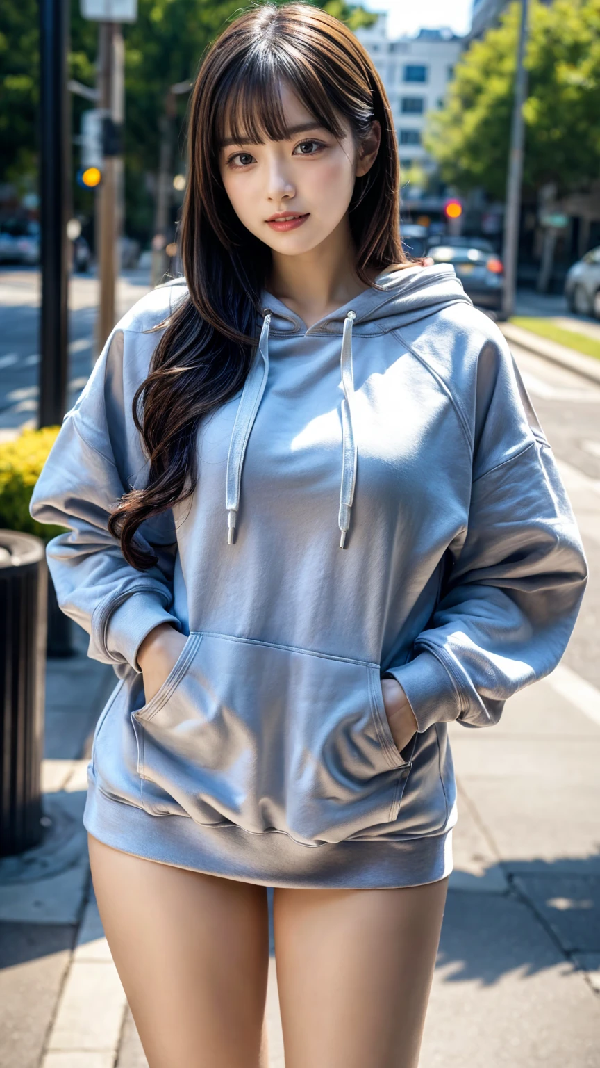 Best Quality,masutepiece,超A high resolution,of the highest quality,Realistic,Ultra Detail, in 8K, (Very oversized hoodie:1.2)thighs thighs thighs thighs、FULL BODYSHOT