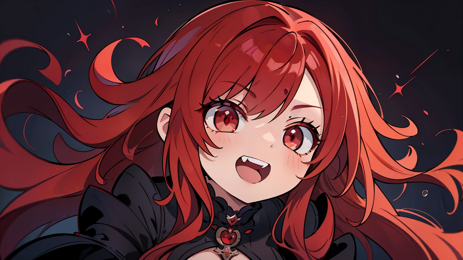 masterpiece, beautiful detailed, 1girl, (gothic fashion), red Eyes, red hair, wavy hair, devilish laugh, medium breasts, hair intakes, dark theme, looking up, (((bold outline))), limited palette