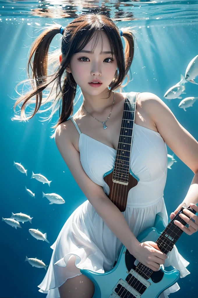 A beautiful Japanese girl is depicted in a vertical, ultra-realistic illustration, playing an electric guitar underwater. She wears a thin, translucent dress that flows gracefully in the water, emphasizing her delicate and ethereal presence. Her hair, styled in twin tails, floats freely around her, adding a dynamic sense of movement.
The background features an underwater scene with shimmering light filtering through the surface, illuminating schools of fish swimming around her. The artist employs digital painting techniques to create high detail, especially in the textures of the dress, guitar, and underwater environment. The lighting and reflections are meticulously rendered, capturing the surreal and magical ambiance of the scene. The use of vibrant blues and subtle highlights enhances the overall sense of depth and realism.
