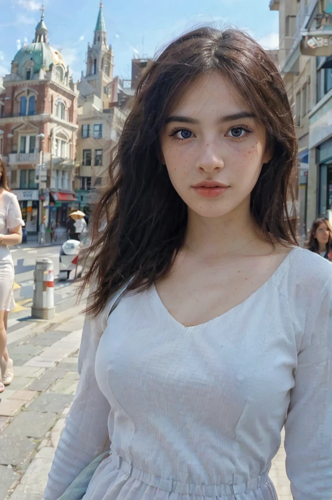 A beautiful girl with Mexican, Argentinian and British ethnicities, with freckles, unique and very beautiful blue eyes, and a mole next to her left eye, dresses elegantly while walking in a city during the day. The background of the image shows a large city around it. The scene must be realistic, detailed, with natural light and in a general plane.